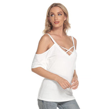 Load image into Gallery viewer, Just White Cold Shoulder T-shirt With Criss Cross Strips