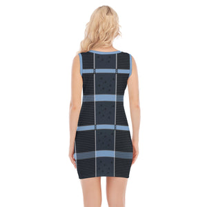 Indigo Plaid O-neck Sleeveless Hip Skirt