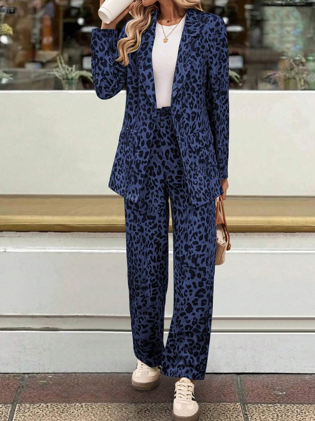 Indigo Leopard Lapel Collar Blazer and Pants Set