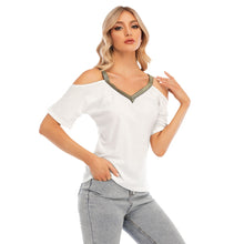 Load image into Gallery viewer, Just White Cold Shoulder T-shirt With Golden Elastic Neckband